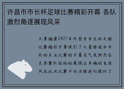 许昌市市长杯足球比赛精彩开幕 各队激烈角逐展现风采